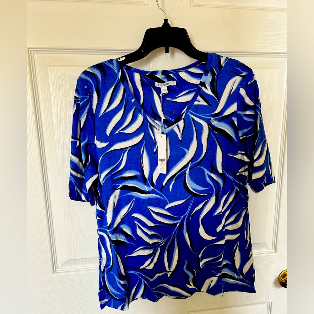 Chico's Blue and White Blouse with Abstract Pattern